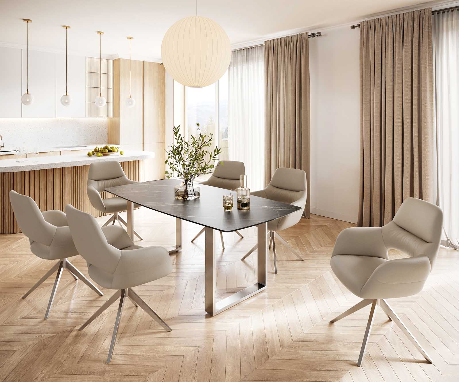 Stół do jadalni Edge kształt beczki 200x100cm ceramika Laminam® Noir Desir brązowy stal nierdzewna wąska rama 5