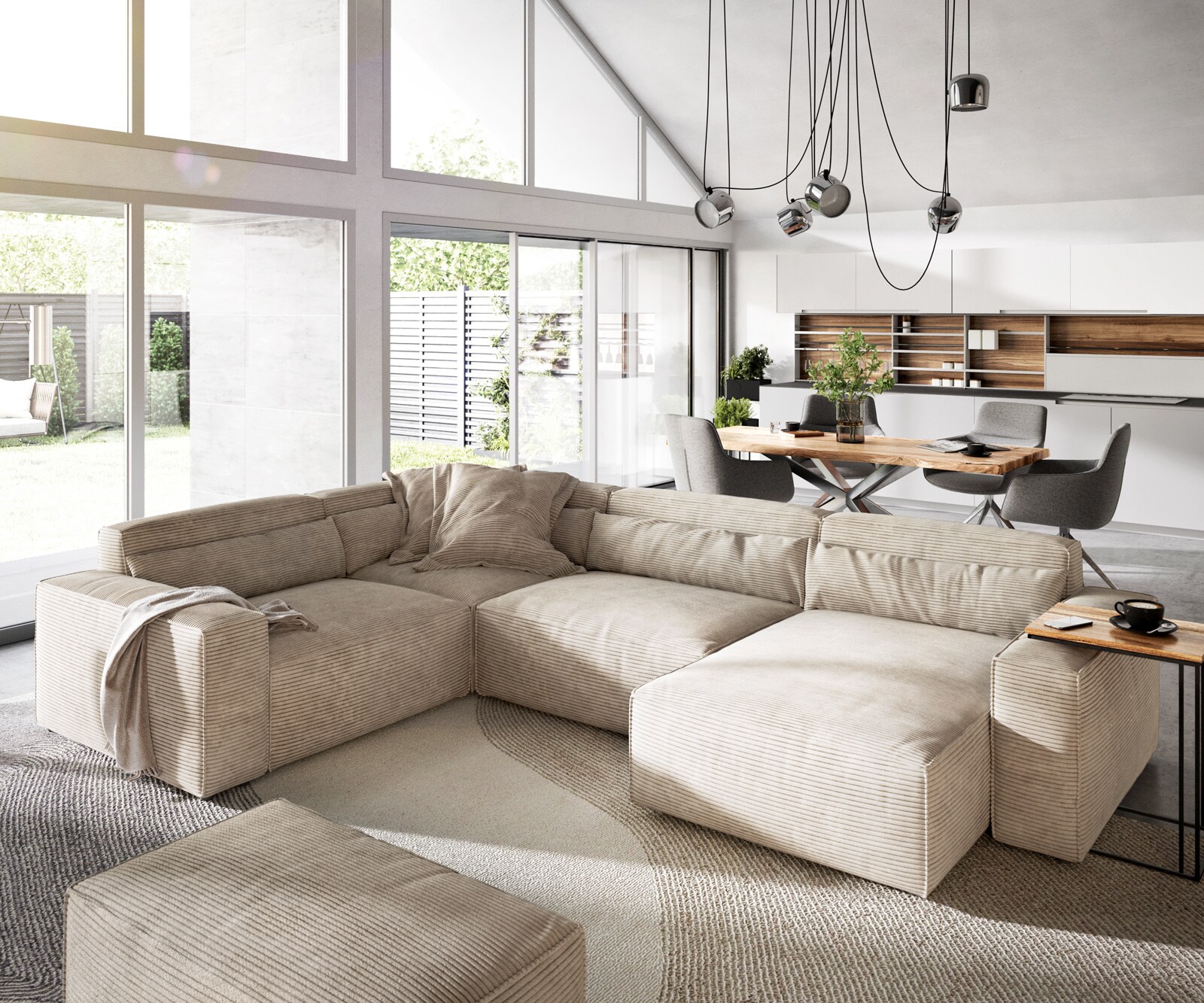 Sofa w kształcie litery U Sirpio 300x210 cm sztruks beżowy szezlong z możliwością obustronnego montażu z pufem 1