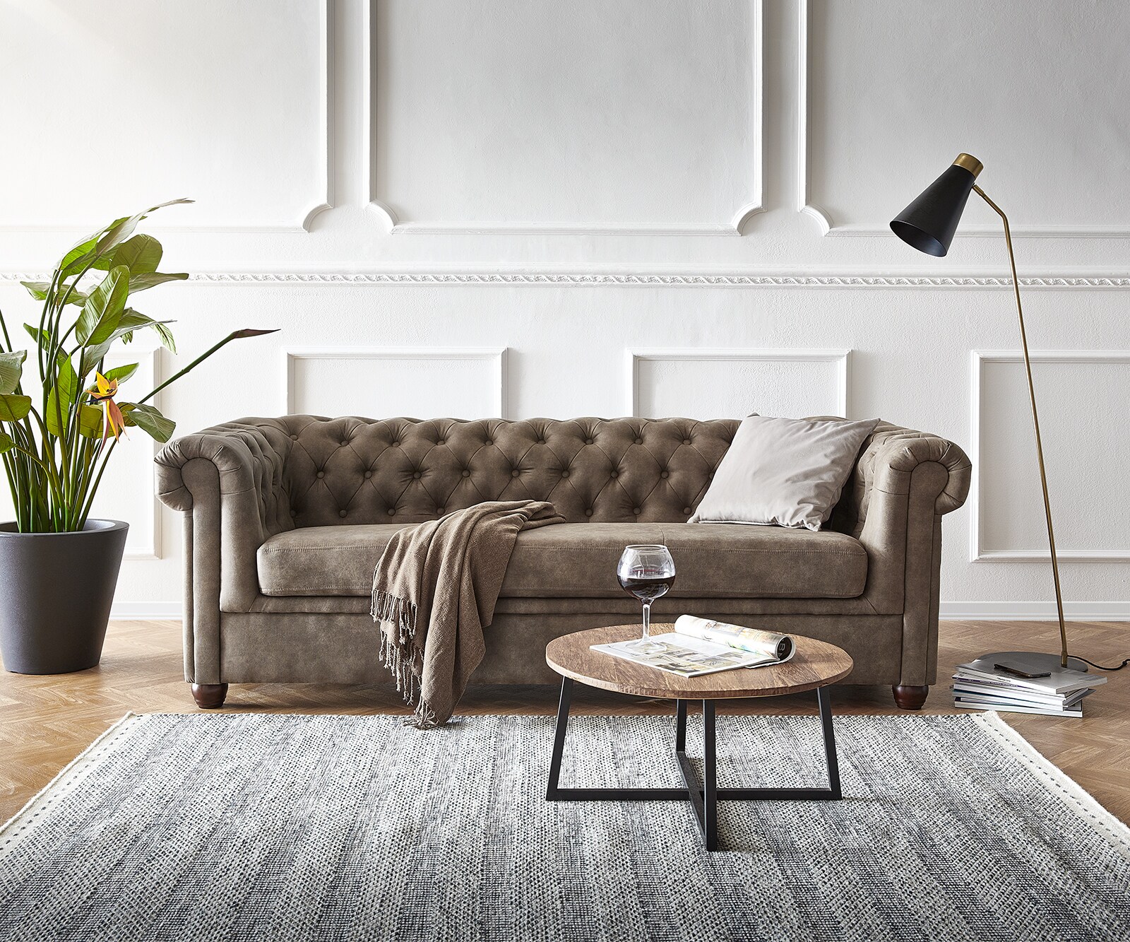 Sofa Chesterfield 3-osobowa 200x88 cm szaro-brązowy vintage 1