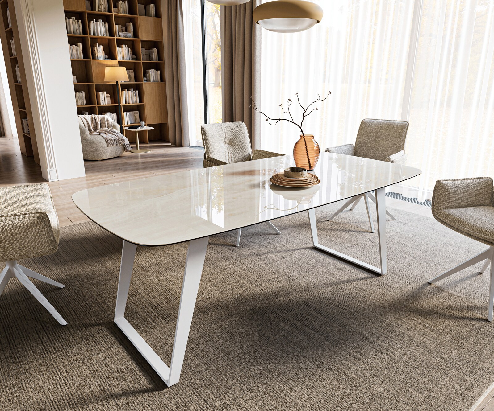 Stół do jadalni Edge w kształcie beczki 200x100 cm ceramika Onyx Champagne rama pochylona metal biały