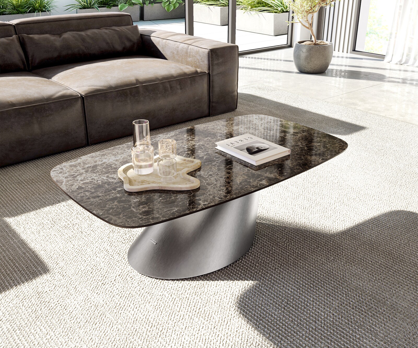 Stolik kawowy Edge w kształcie beczki 120x70 cm ceramika Laminam® Emperador Extra Lucidato ciemnobrązowy Conis stal nierdzewna szczotkowana
