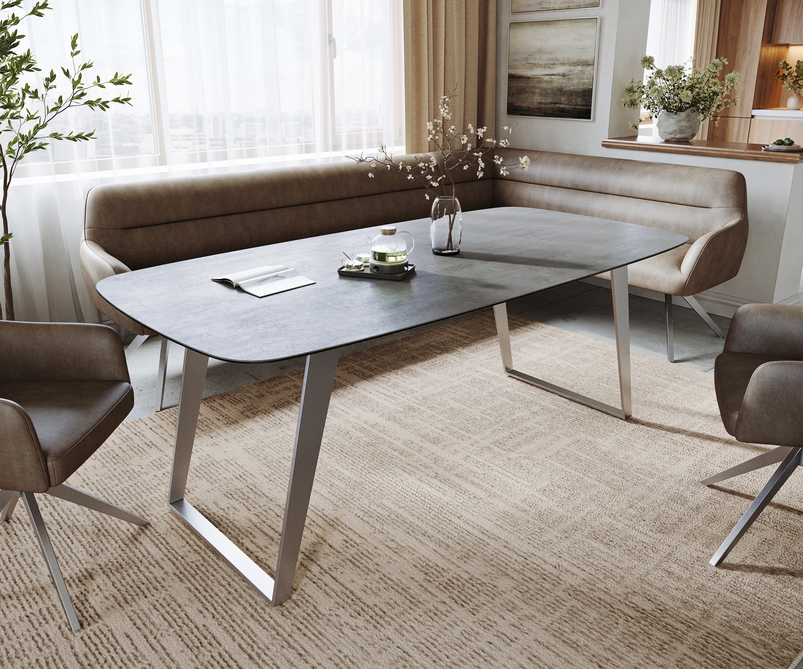Stół do jadalni Edge Boot 200x100 cm ceramika Beton szary rama pochylona stal nierdzewna