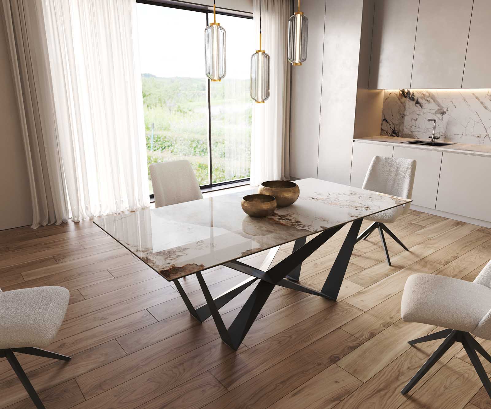 Stół do jadalni Edge 200x100 cm ceramika Minas Melange biało-beżowy rama Spider metal czarna
