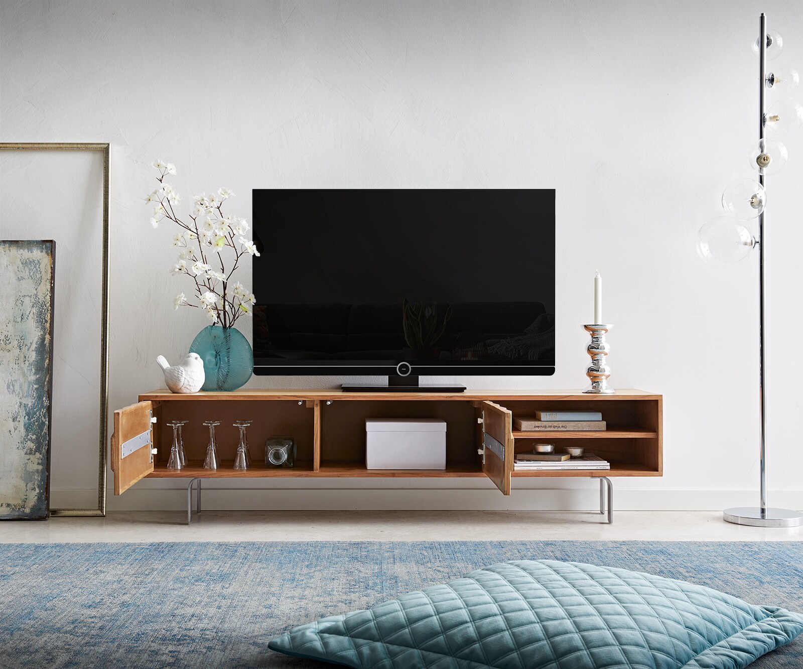 Szafka RTV Fevo 160 cm akacja naturalna 2 drzwi nóżki L 3