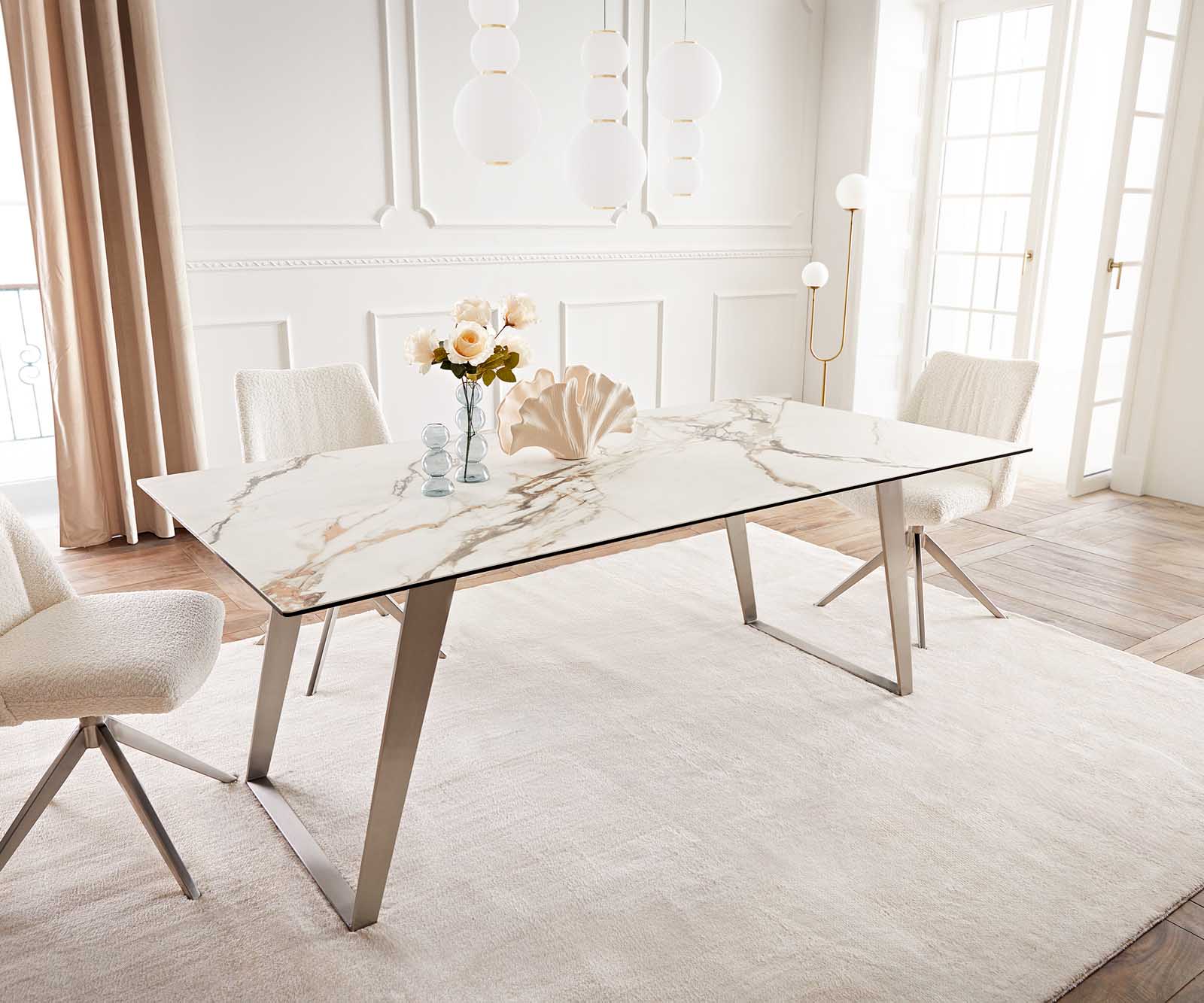 Stół do jadalni Edge 200x100 cm ceramika Calacatta Luxe biało-złoto-szary stal nierdzewna pochylona rama 1