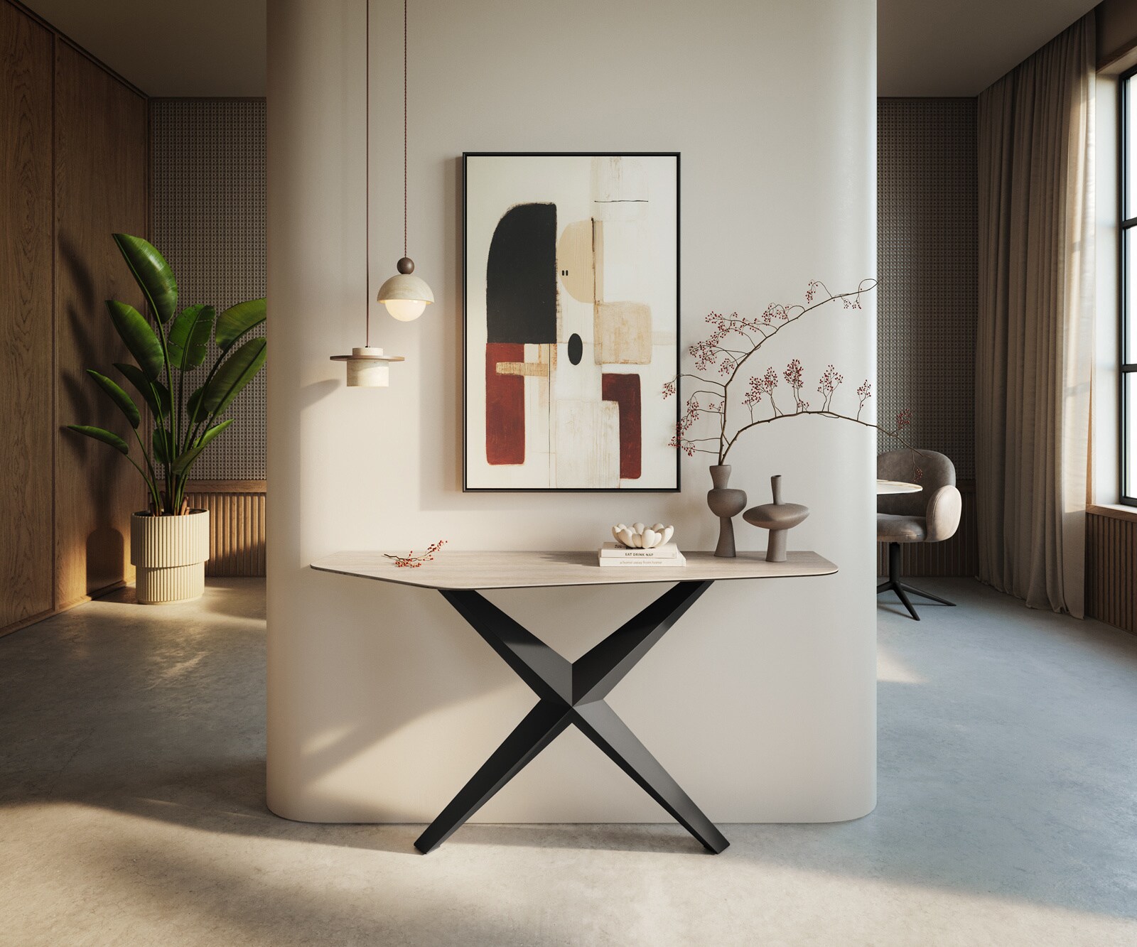 Konsola Edge wielokątna 140x50 cm ceramika Laminam® Travertino Bianco kremowo-biały podstawa Zentharo metal czarny 4