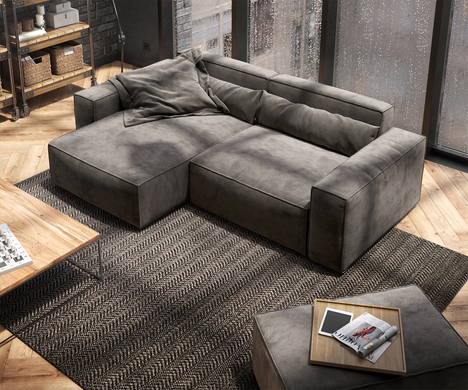Sofa narożna Sirpio 230x155 cm mikrofibra khaki-brązowa szezlong z możliwością obustronnego montażu z pufem 4