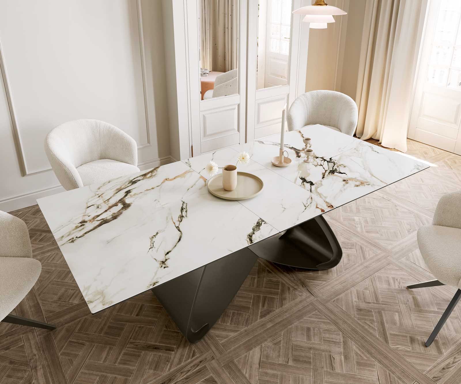 Stół do jadalni Edge 180-220x100 cm ceramika Calacatta Luxe biało-złoto-szary rama W kolor tytanowy rozkładany 5