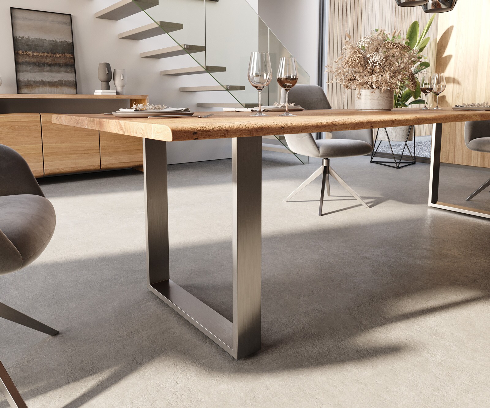 Stół do jadalni Edge 300x100cm akacja naturalna stal nierdzewna wąska rama live-edge 6