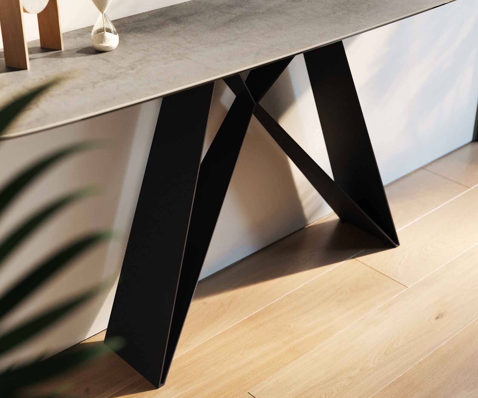 Konsola Edge w kształcie beczki 180x40 cm ceramika w kolorze betonowej szarości podstawa Velio metal czarny 6