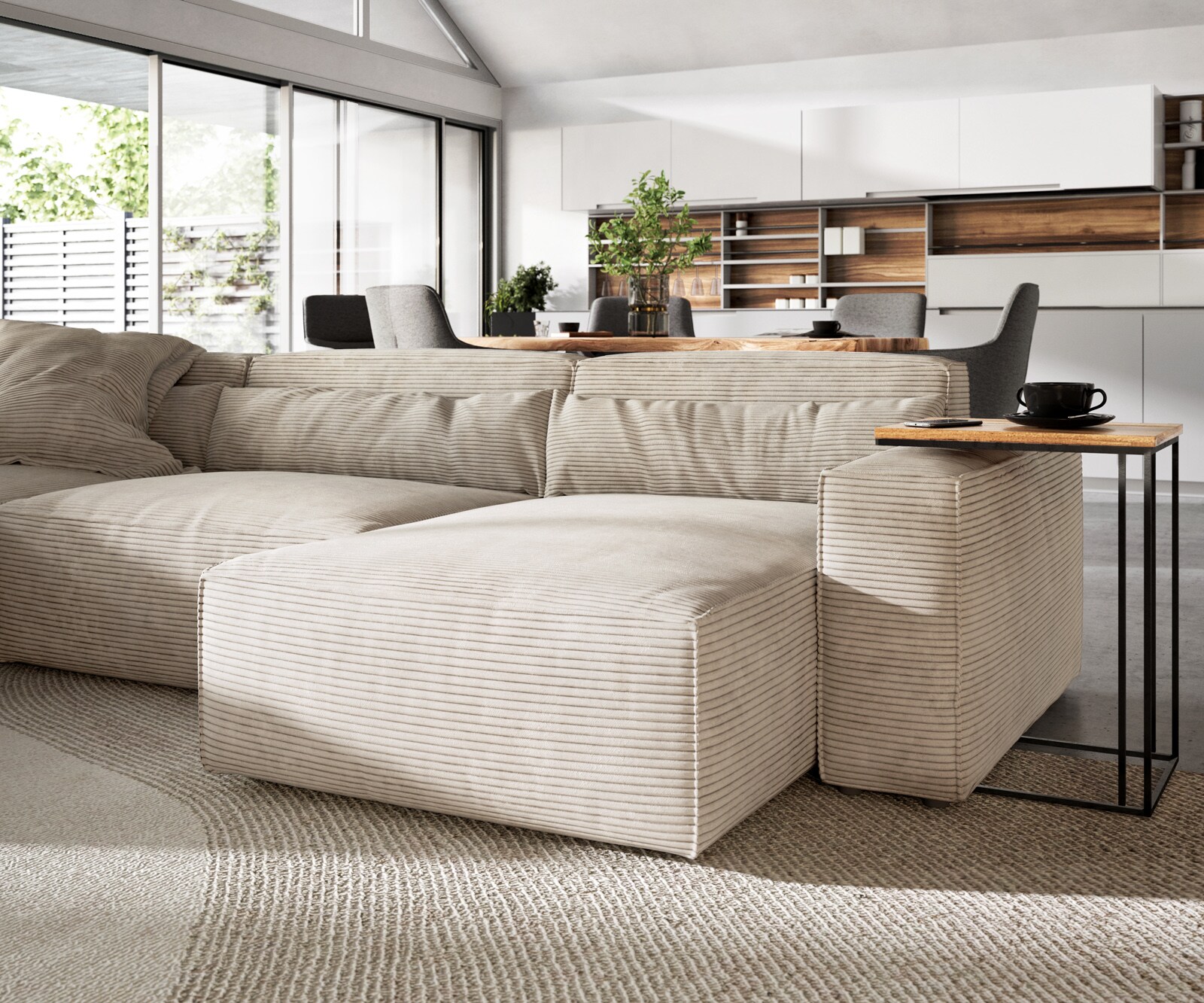 Sofa w kształcie litery U Sirpio 300x210 cm sztruks beżowy szezlong z możliwością obustronnego montażu z pufem 5