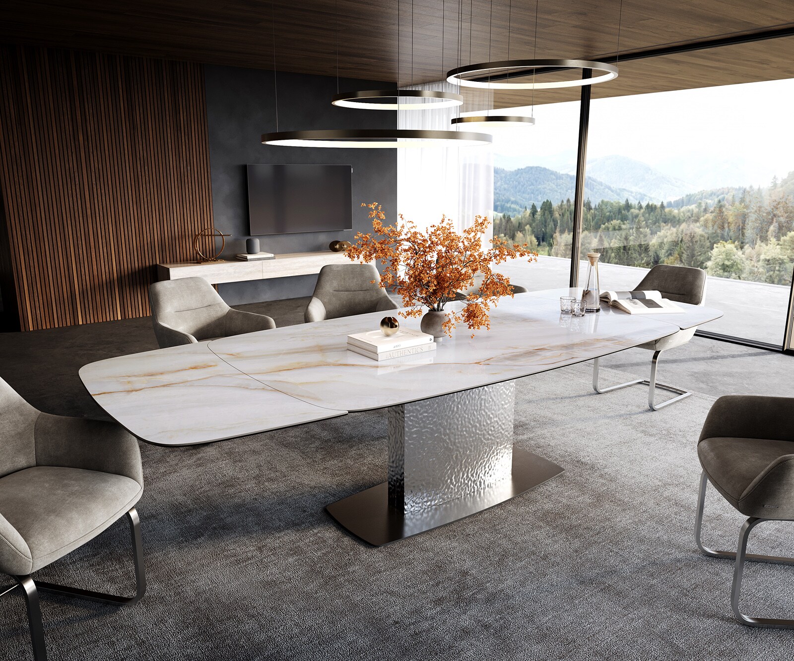 Stół do jadalni Edge w kształcie beczki 200-300x120 cm ceramika Onyx Pearl rama Wave stal nierdzewna rozkładany 1