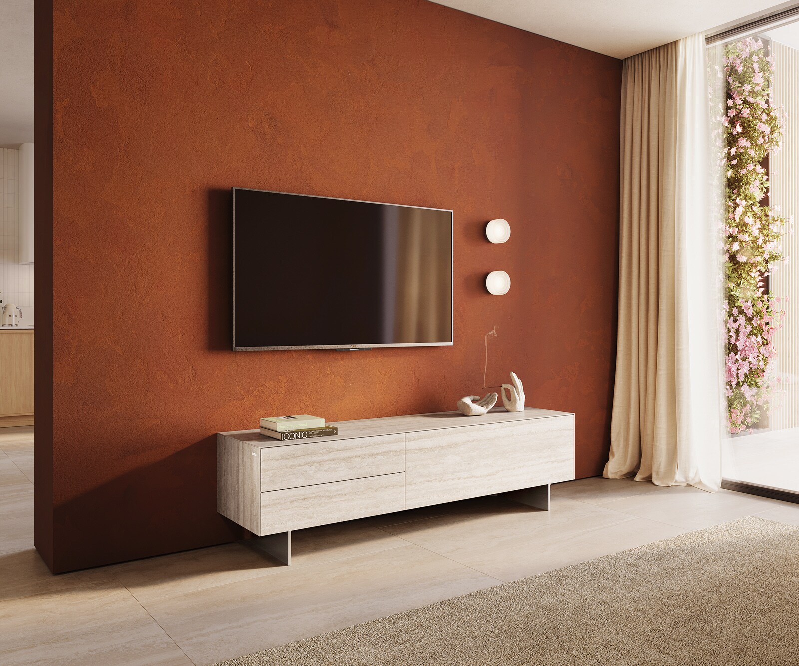 Szafka RTV Cuor 180 cm ceramika Laminam® Travertino Bianco kremowo-biała 1 klapa 2 szuflady nóżki wąskie stal nierdzewna 1
