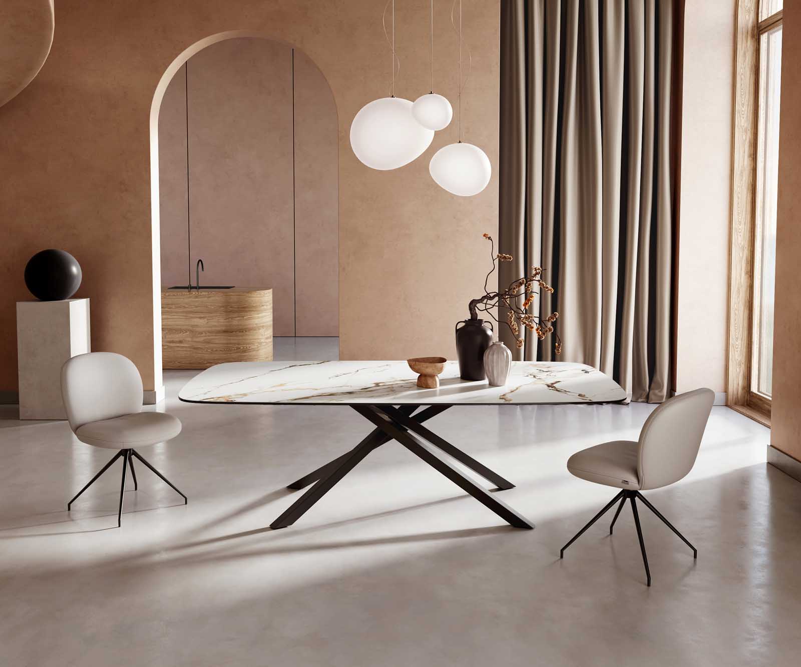 Stół do jadalni Edge kształt beczki 240x120cm ceramika Calacatta Luxe biało-złoto-szary rama Cross czarna 1