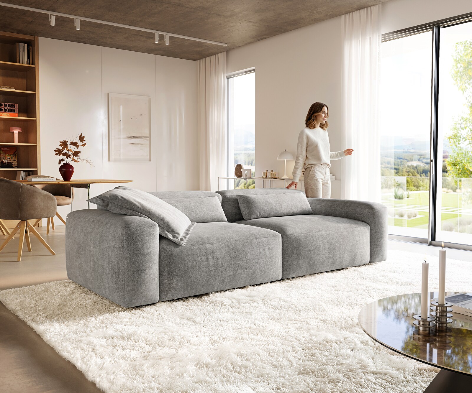 Duża Sofa Freestyle 280x110 cm miękka tkanina strukturalna szara szew płaski 1