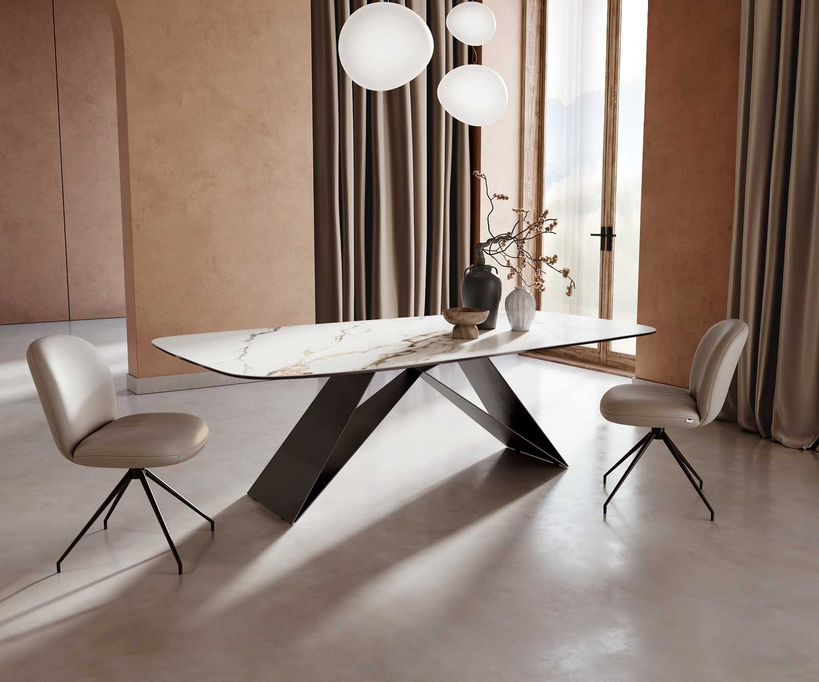 Stół do jadalni Edge kształt beczki 240x120cm ceramika Calacatta Luxe biało-złoto-szary rama V metal czarna 2