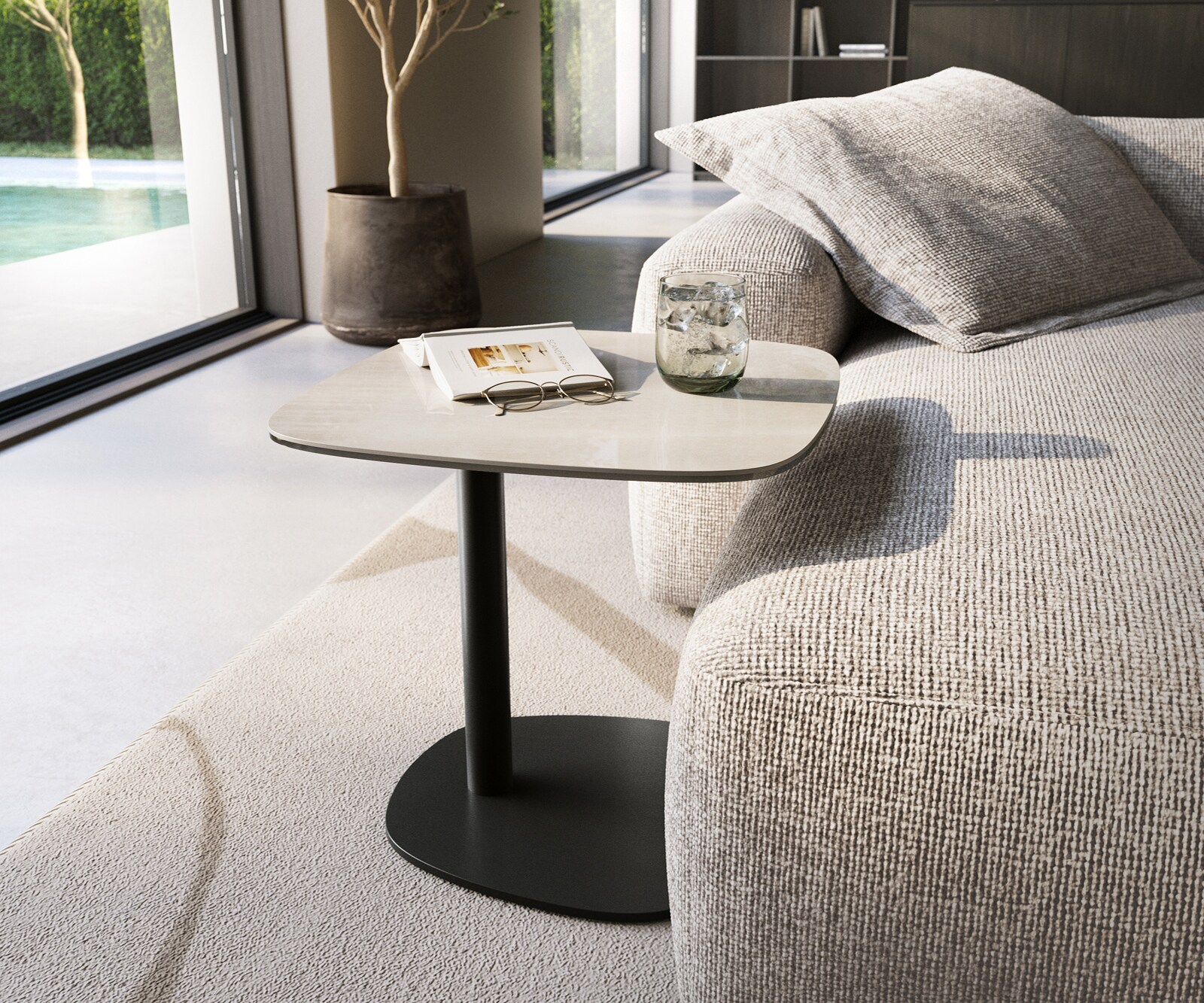 Stolik kawowy Edge w kształcie beczki 50x50 cm ceramika Onyx Champagne podstawa Eleny metal czarny 1