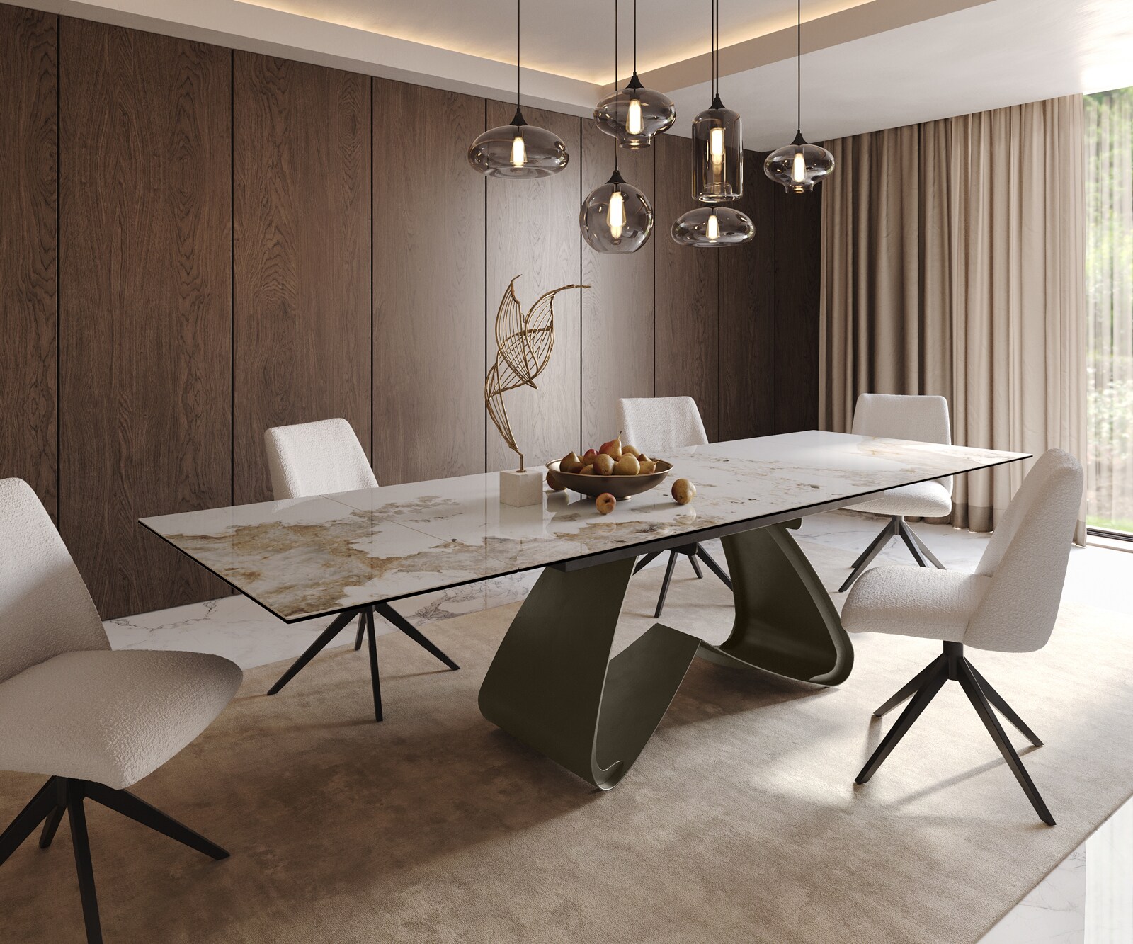 Stół do jadalni Edge 200-300x100 cm ceramika Minas Melange biało-beżowy rama W kolor tytanowy rozkładany