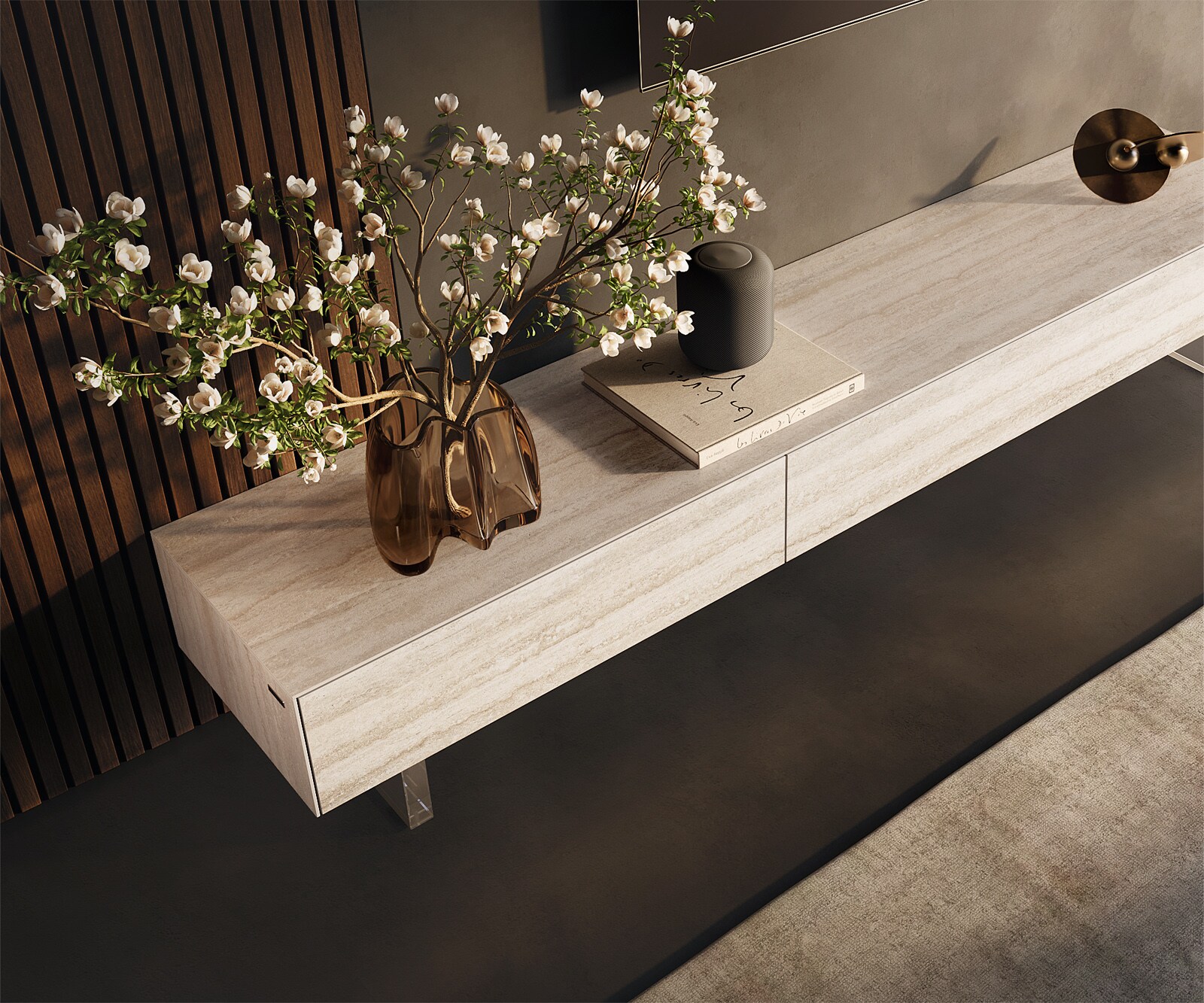 Szafka RTV Cuor 200 cm ceramika Laminam® Travertino Bianco kremowo-biały 1 klapa 1 szuflada nóżki akrylowe 3