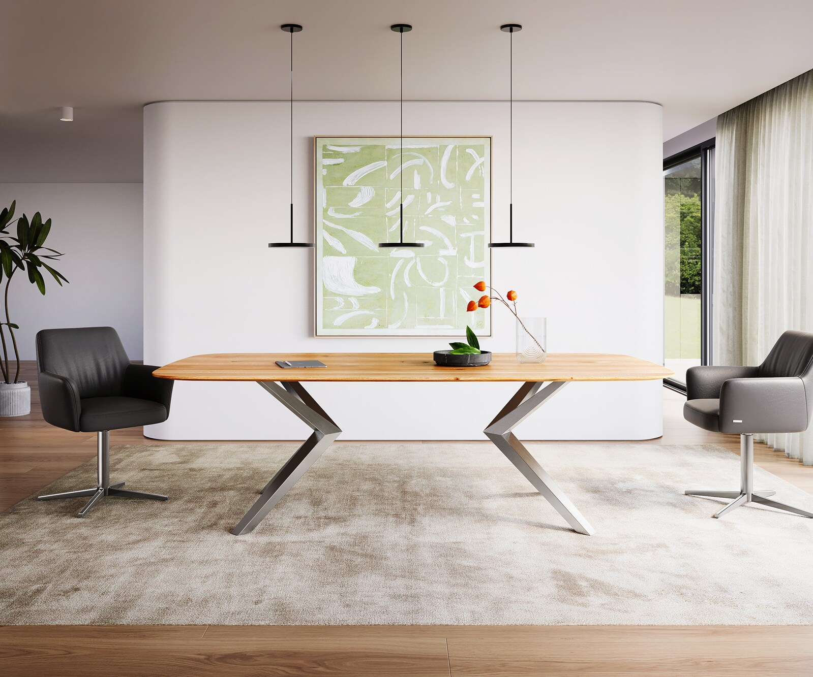 Stół do jadalni Edge kształt beczki 240x120x2,5-3cm dąb naturalny rama Zenthara stal nierdzewna krawędź szwajcarska