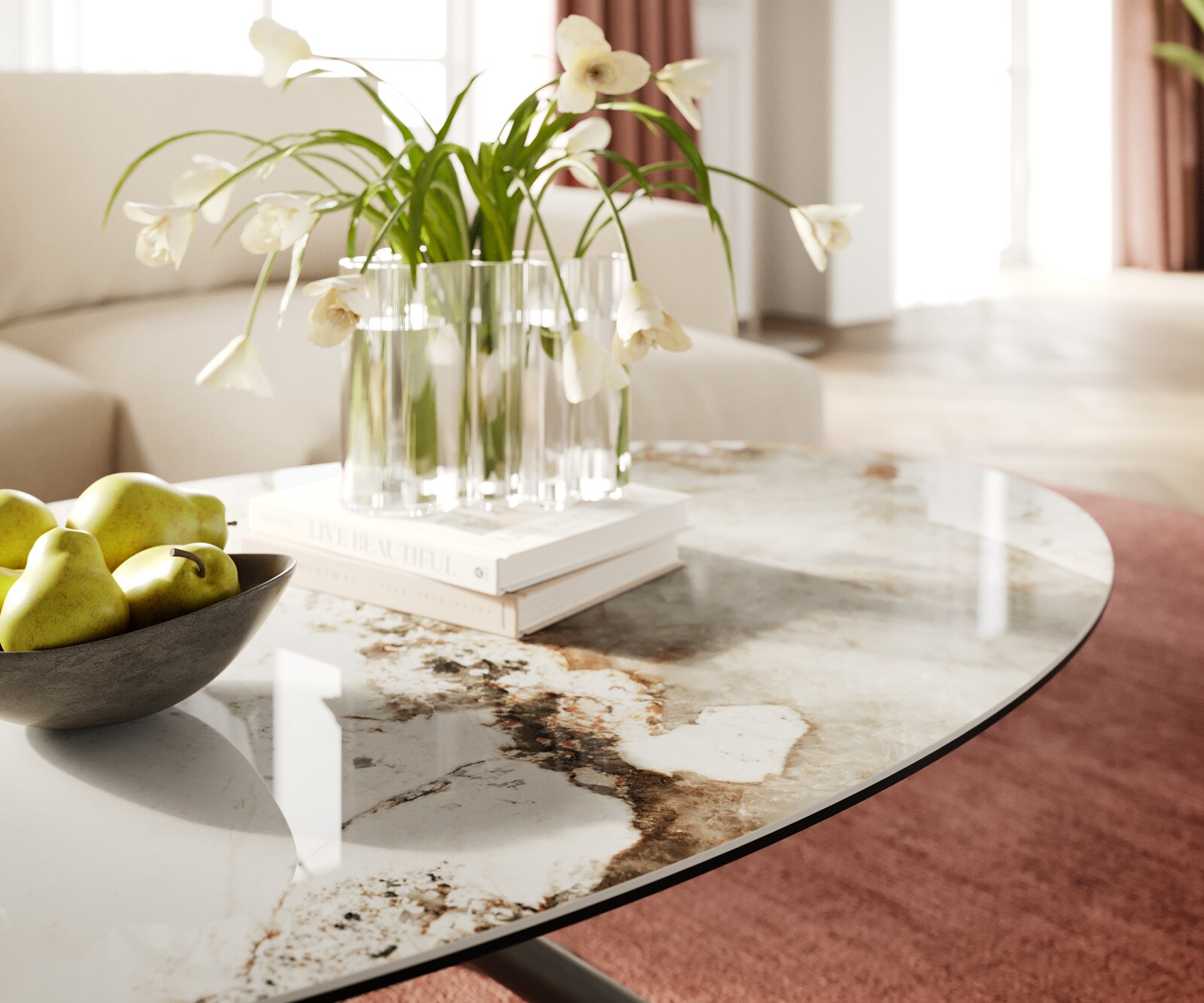 Stolik kawowy Edge owalny 140x80 cm ceramika Minas Melange Sarity wykończenie tytanowe 6