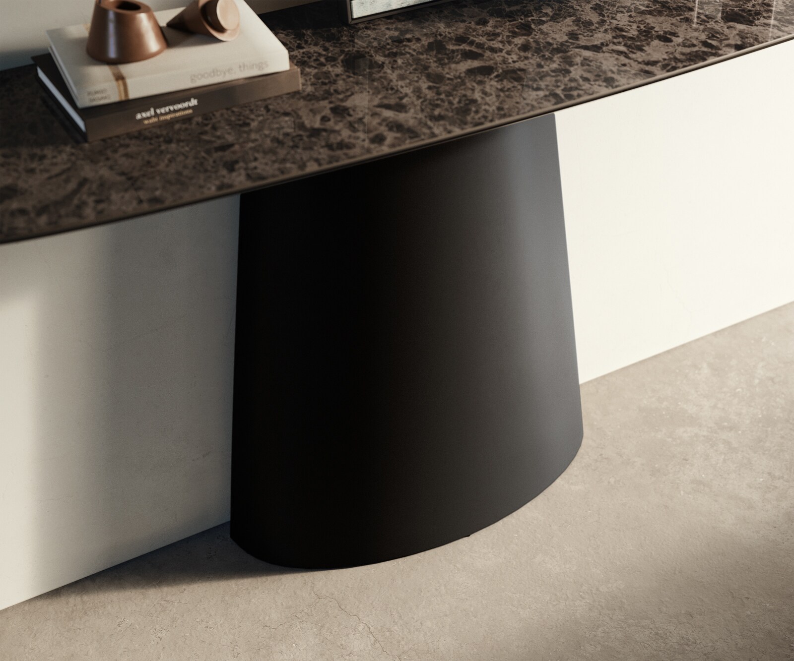 Konsola Edge w kształcie beczki 140x40 cm ceramika Emperador Extra Lucidato ciemnobrązowa rama Conos metal czarny 6