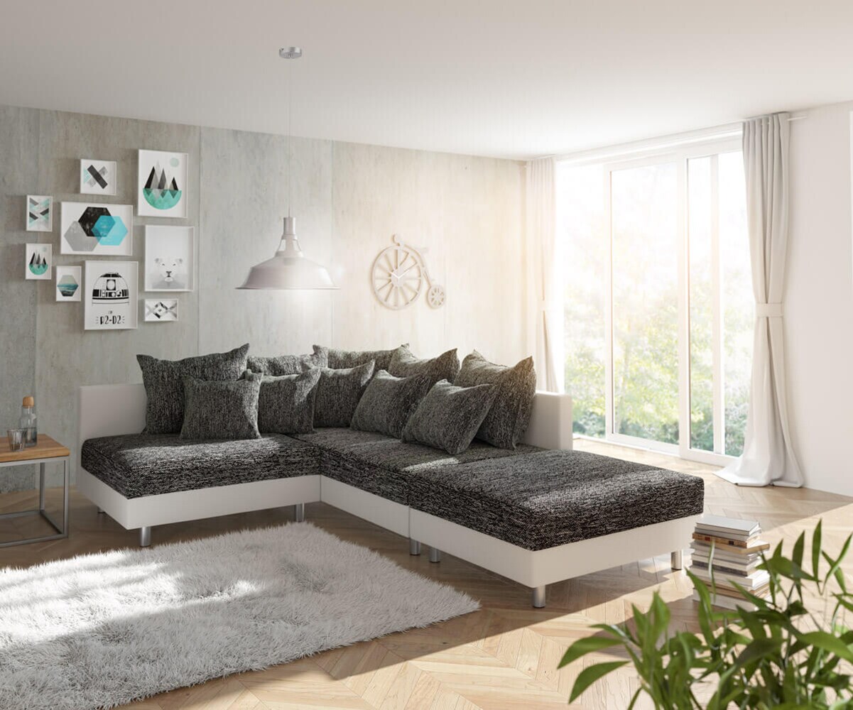 Sofa narożna Clovis biało-czarna z pufem szezlong prawy modułowa