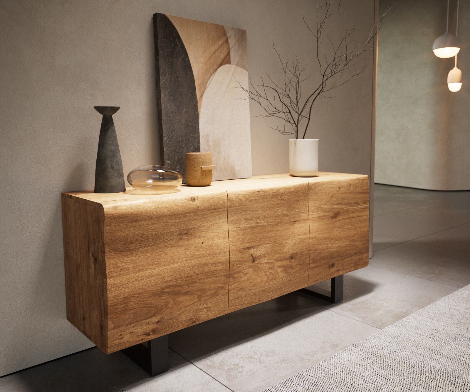 Komoda New Live-Edge 145 cm dąb naturalny 3 drzwi nóżki płozowe metal czarny 3