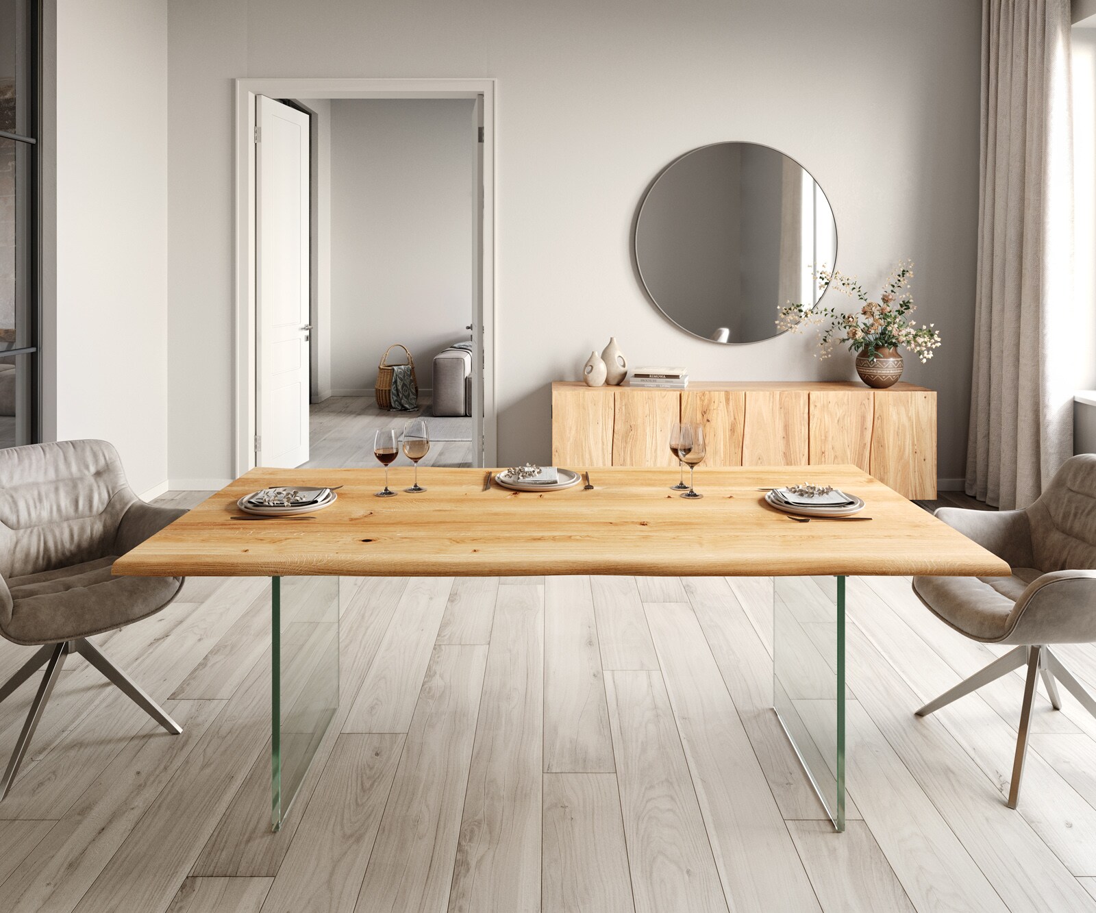 Stół do jadalni Edge 200x100x2,5-3 cm dąb naturalny szklane nogi live-edge 1