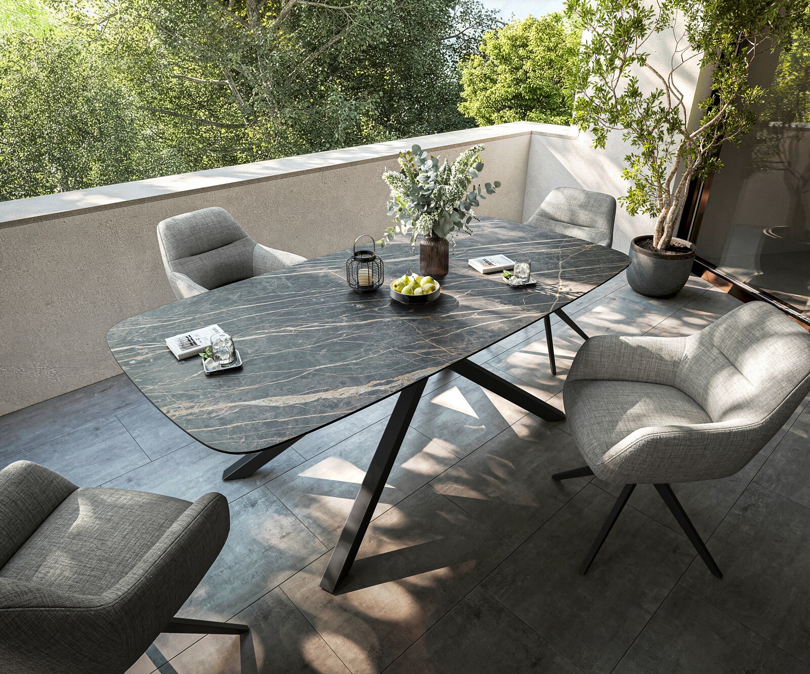 Stół ogrodowy Edge w kształcie beczki 200x100 cm ceramika Laminam® Noir Desir brązowa rama Cross metal czarny 3