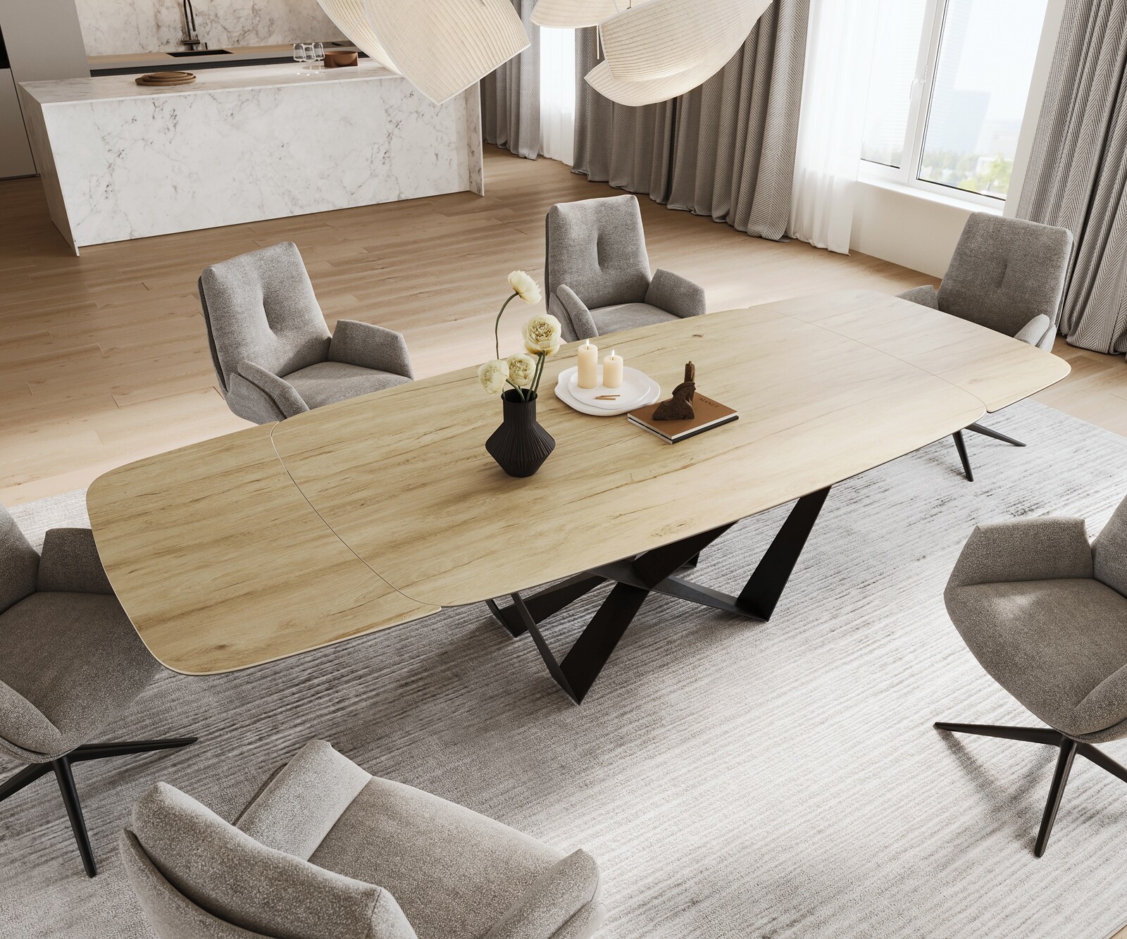 Stół do jadalni Edge w kształcie beczki 200-300x120 cm ceramika Laminam® Sabbia w kolorze dębu rama Spider metal czarny rozkładany 3