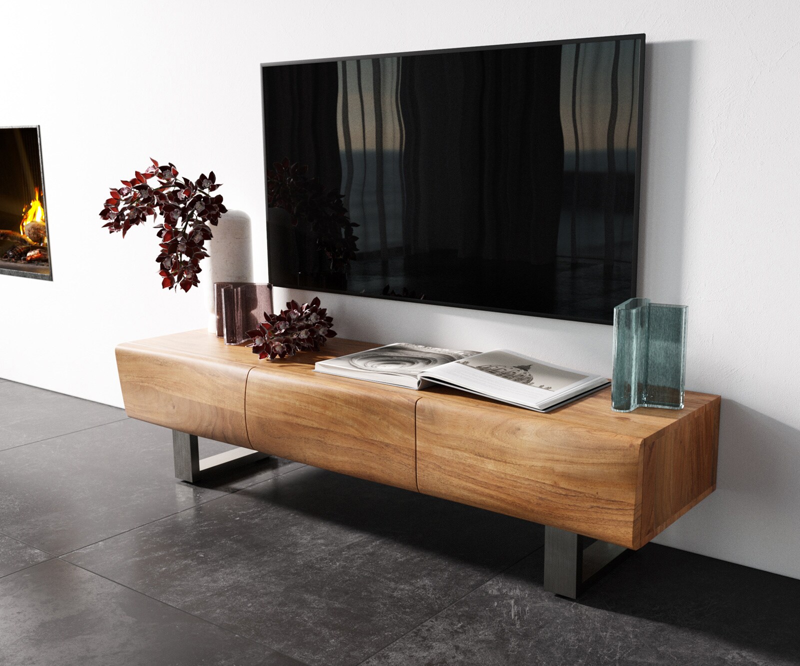 Szafka RTV New Live-Edge 145 cm akacja naturalna 3 drzwi nóżki płozowe szczotkowana stal nierdzewna