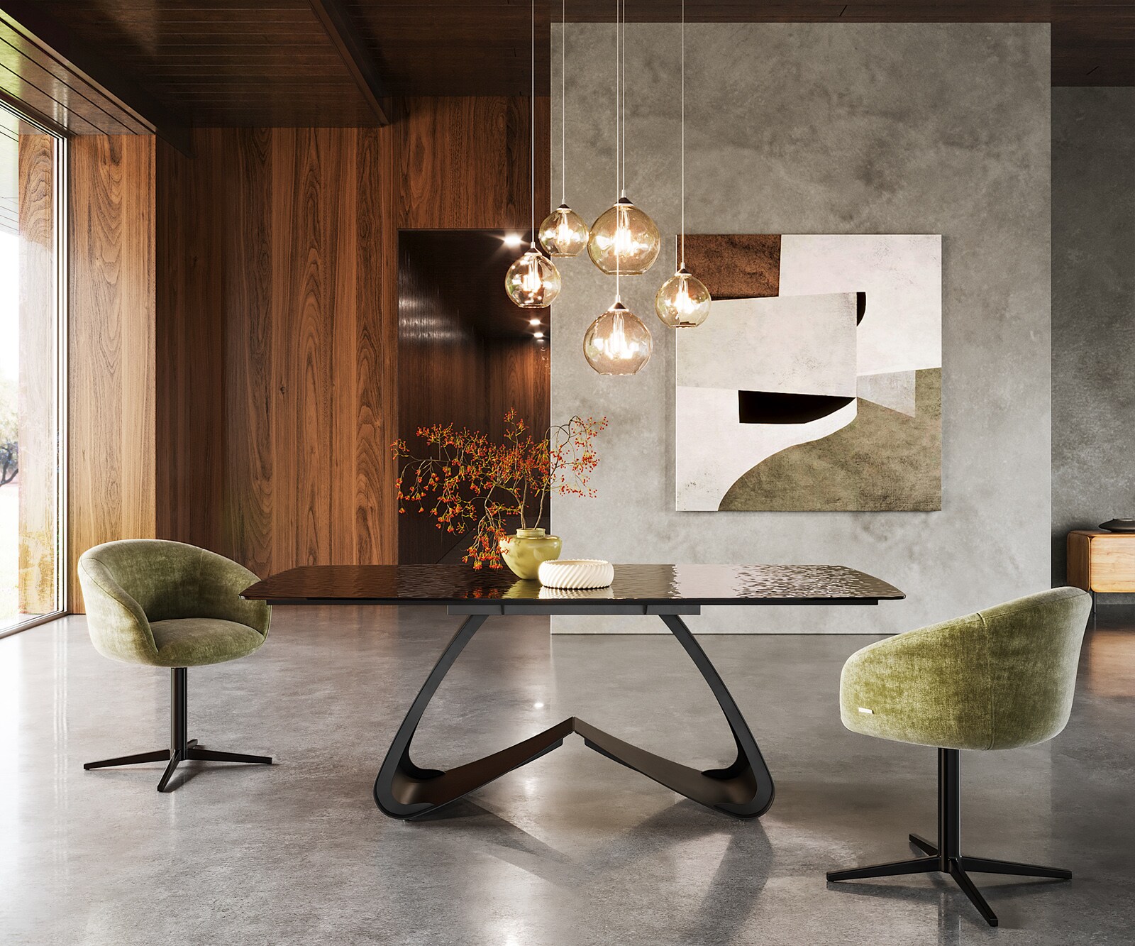 Stół do jadalni Edge w kształcie beczki 200x100cm szkło reliefowe dymione czarne efekt 3D rama W metal czarny 1