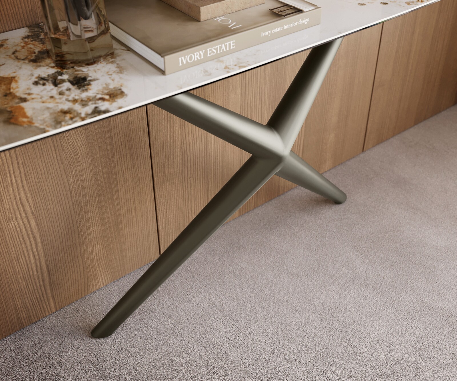 Konsola Edge w kształcie beczki 180x40 cm ceramika Minas Melange biało-beżowa rama Estelo metal w kolorze tytanu 6