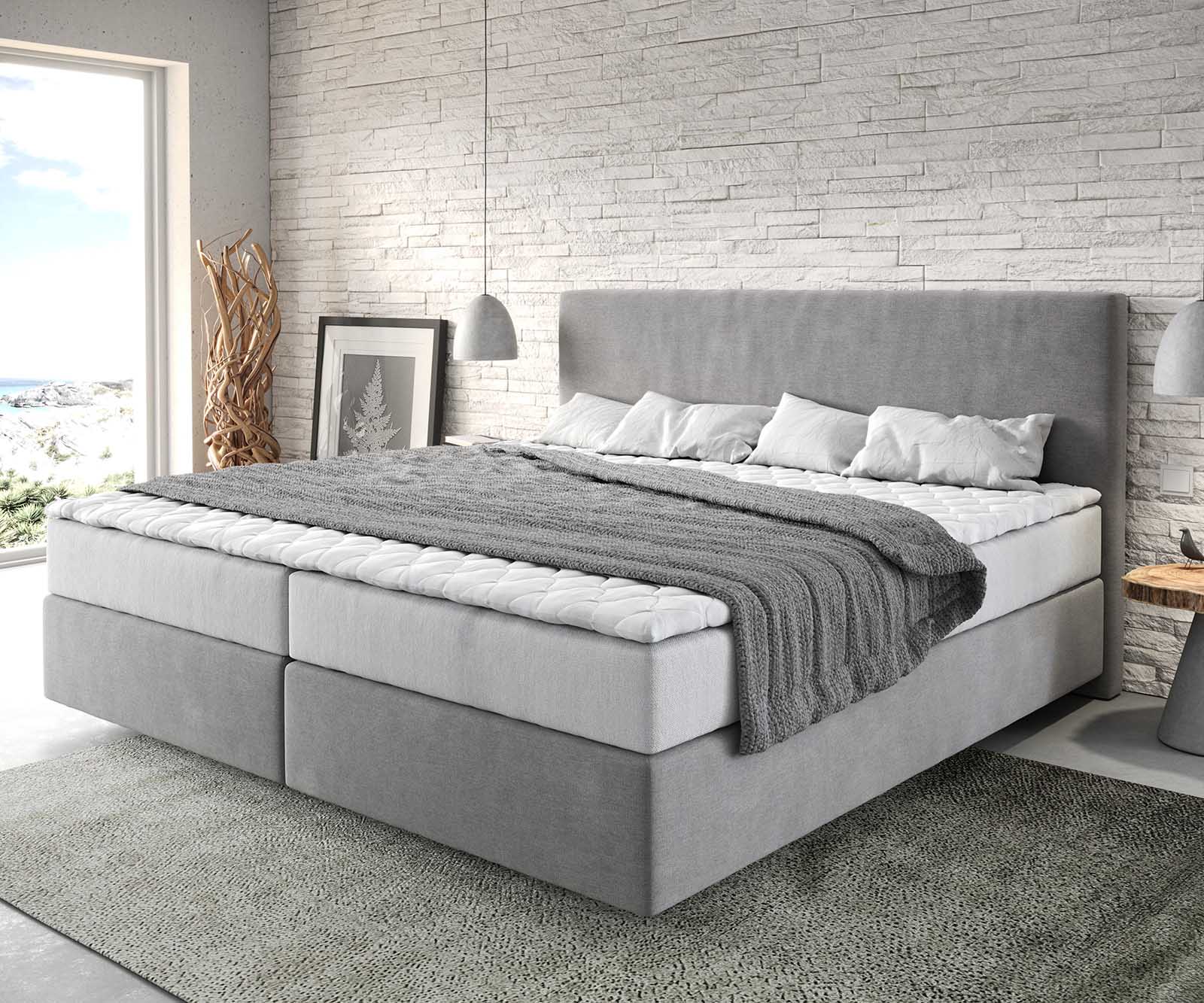 Łóżko kontynentalne Dream-Well mikrofibra szara 200x200cm z materacem ze sprężynami kieszeniowymi i topperem Visco