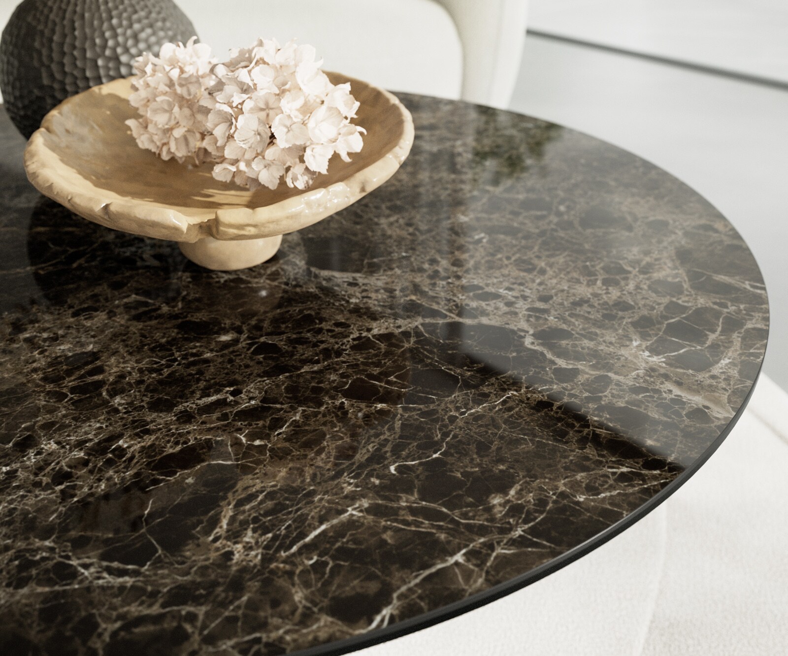 Stolik kawowy Edge okrągły 100x100 cm ceramika Laminam® Emperador Extra Lucidato ciemnobrązowa podstawa Sarity stal nierdzewna szczotkowana 6