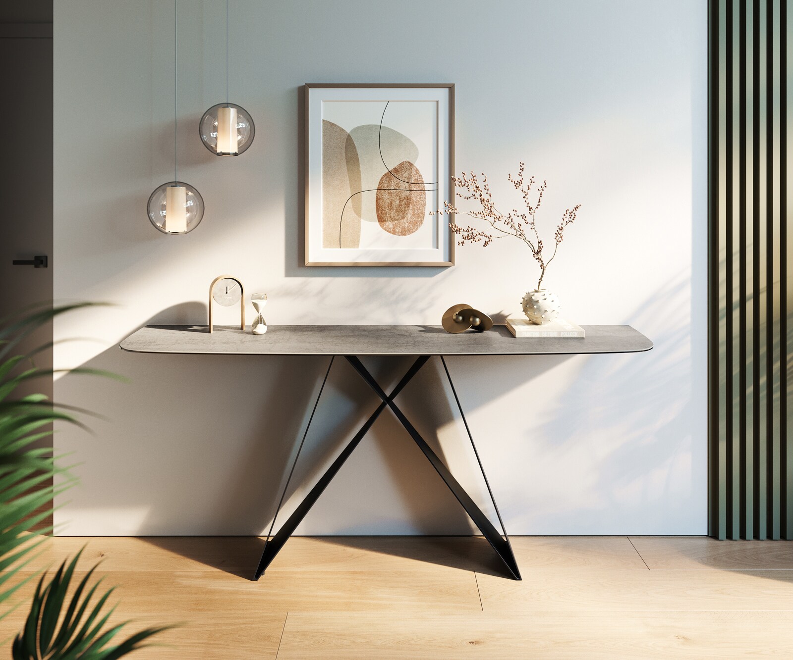 Konsola Edge w kształcie beczki 180x40 cm ceramika w kolorze betonowej szarości podstawa Velio metal czarny 1