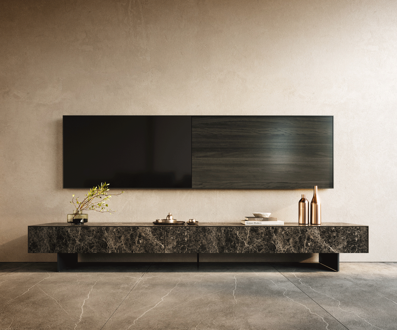 Szafka RTV Cuor 250 cm ceramika Emperador Extra Lucidato ciemnobrązowa 1 klapa 1 szuflada nóżki wąskie czarny metal 2