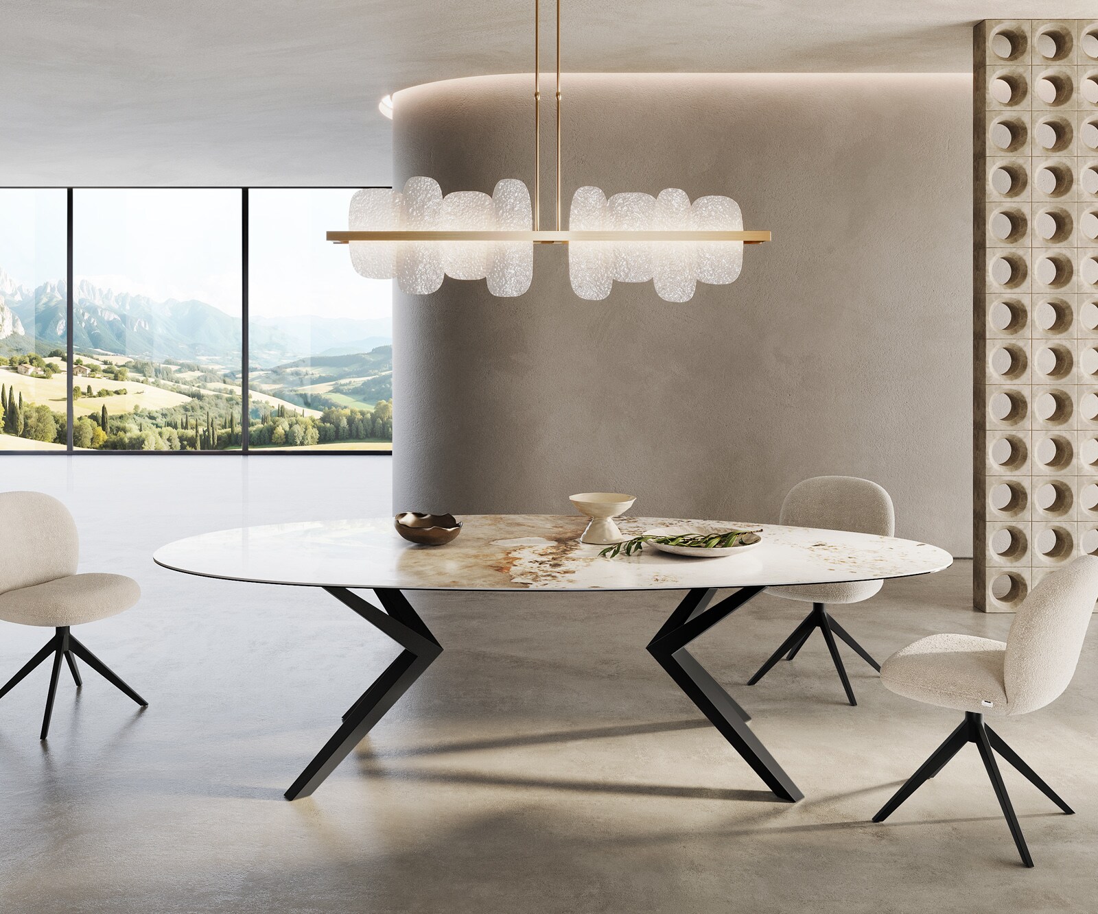 Stół do jadalni Edge owalny 280x130cm ceramika Minas Melange biało-beżowa rama Zenthara metal czarny 1