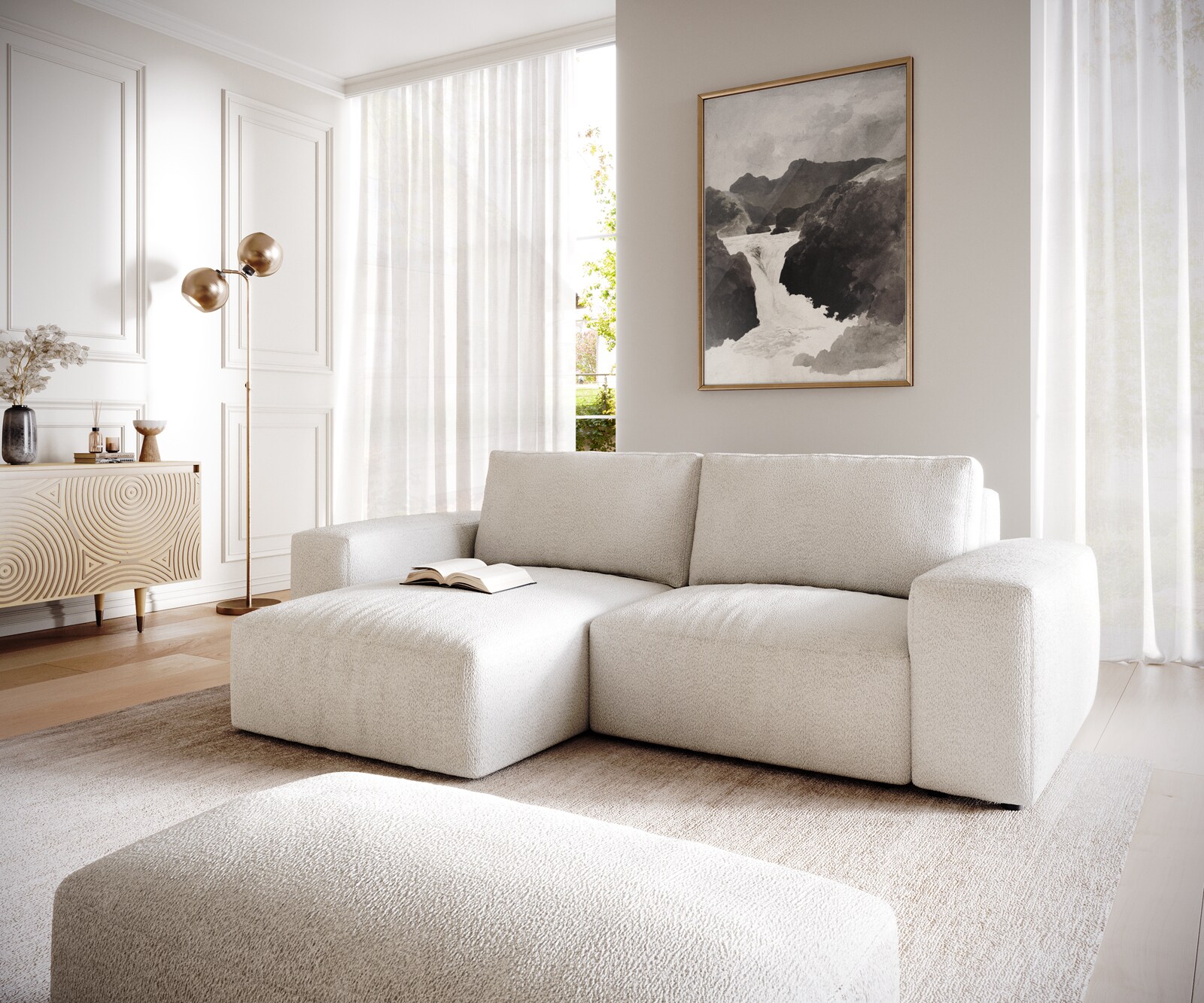 Sofa narożna Lanzo L 260x160 cm bouclé kremowo-biały szezlong z możliwością obustronnego montażu z pufem