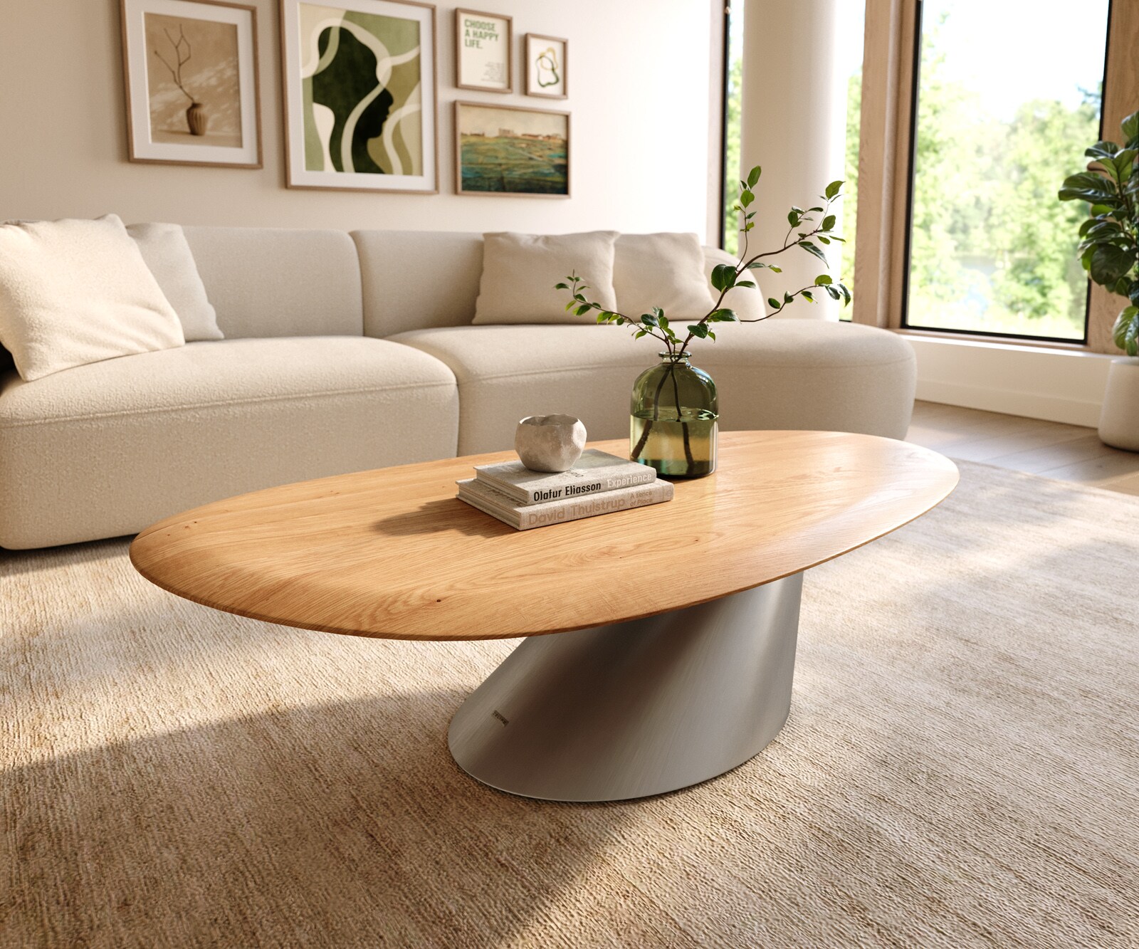 Stolik kawowy Edge owalny 140x75 cm dąb naturalny zaokrąglona krawędź Conis stal nierdzewna szczotkowana