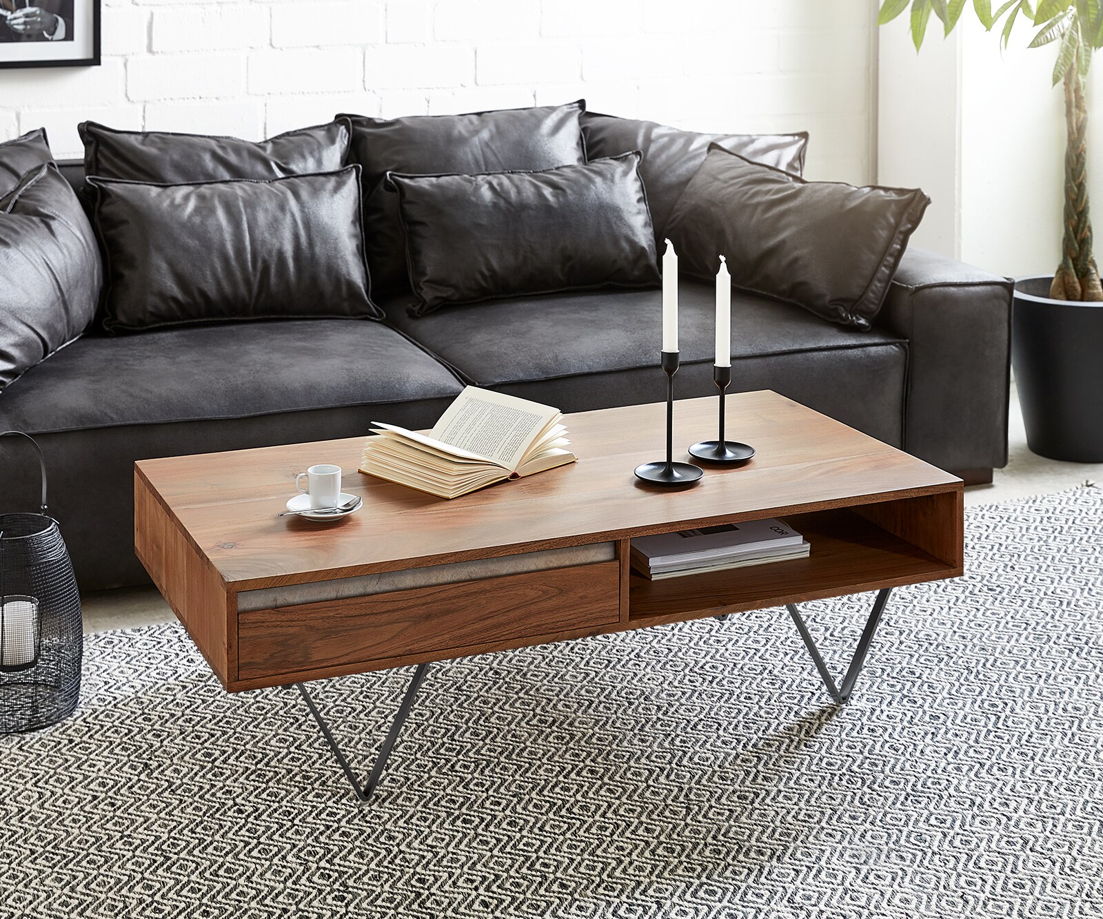 Stolik kawowy Stonegrace 115x60 cm akacja brązowa łupek 2 szuflady 1 przegroda nóżki V czarne