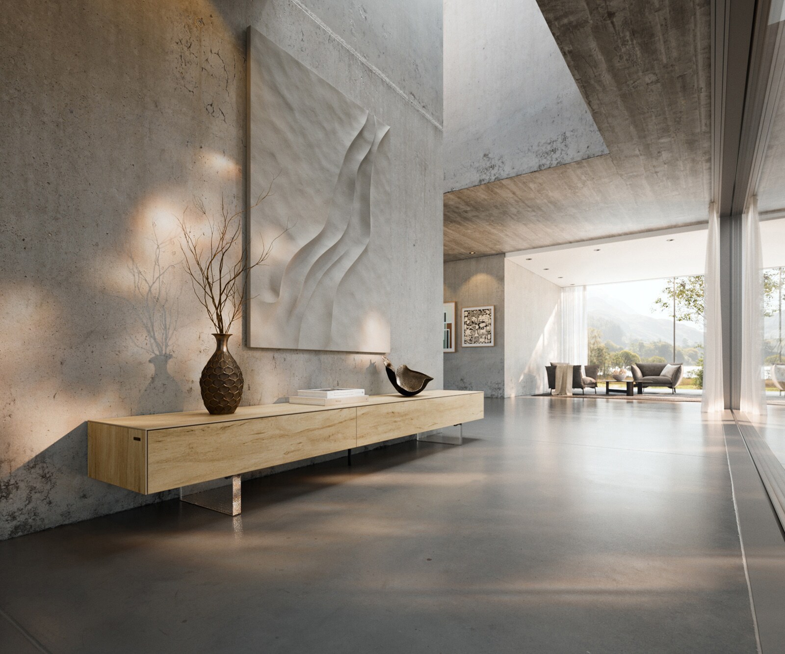 Szafka RTV Cuor 250 cm ceramika Laminam® Sabbia (kolor dębu) 1 klapa 1 szuflada nóżki akrylowe 1