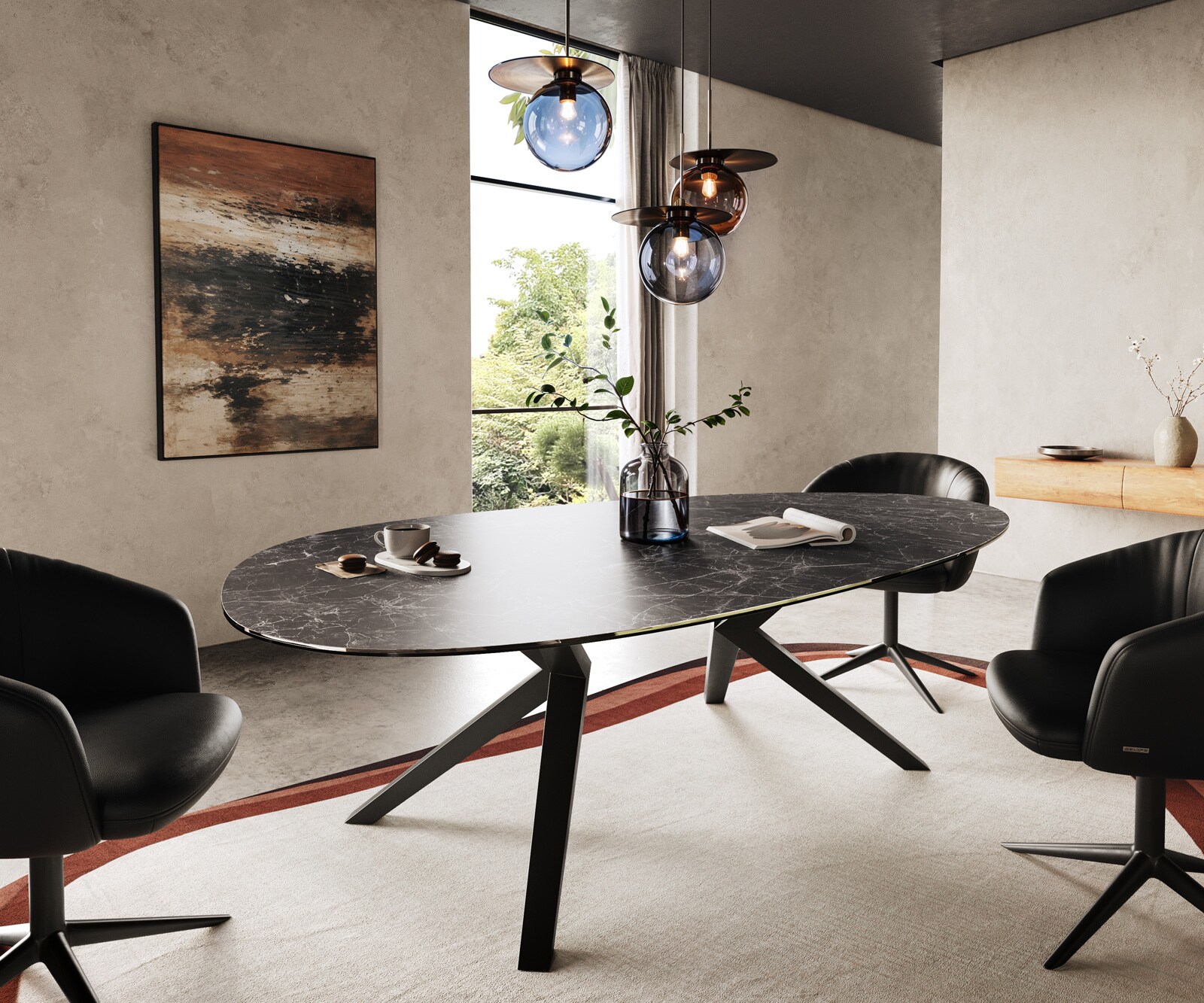 Stół do jadalni Edge owalny 220x120cm ceramika Laminam® Nero Greco Antracyt rama Zenthara metal czarny