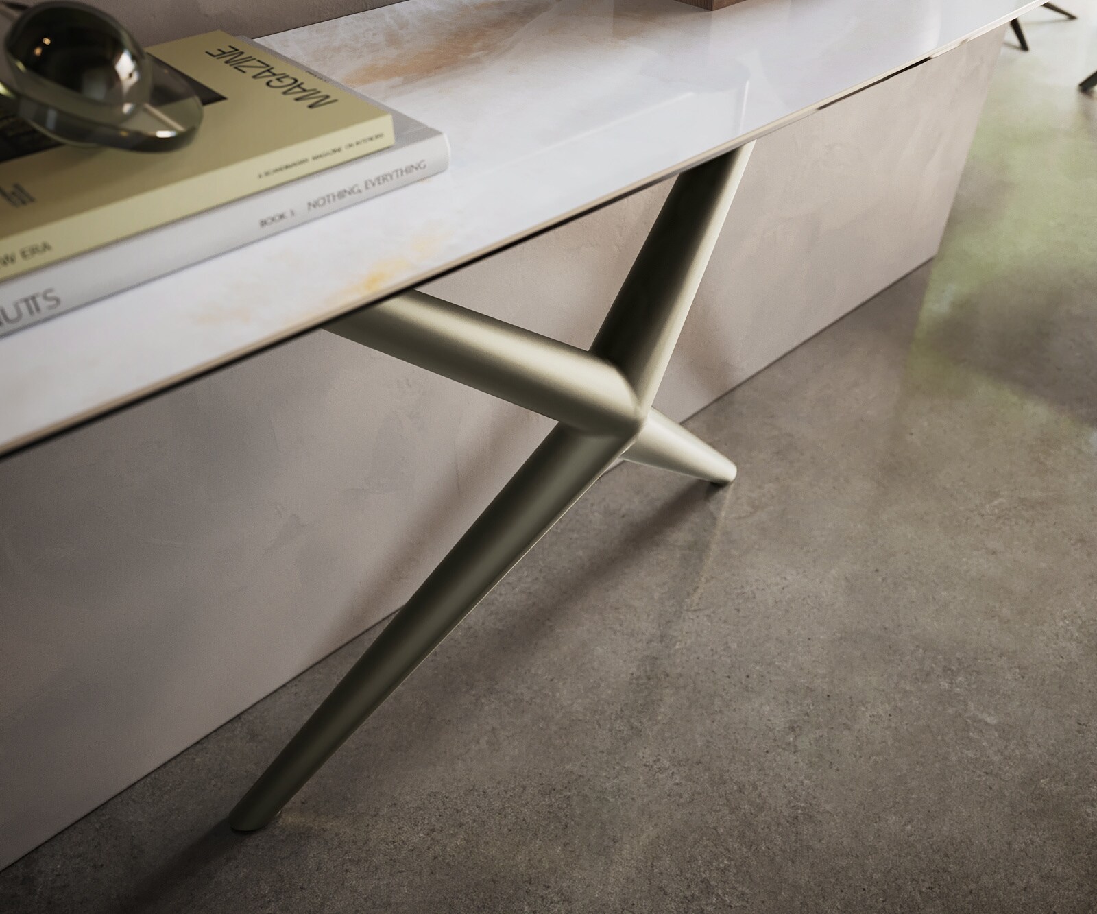 Konsola Edge w kształcie beczki 180x40 cm ceramika Onyx Pearl rama Estelo metal w kolorze tytanu 6