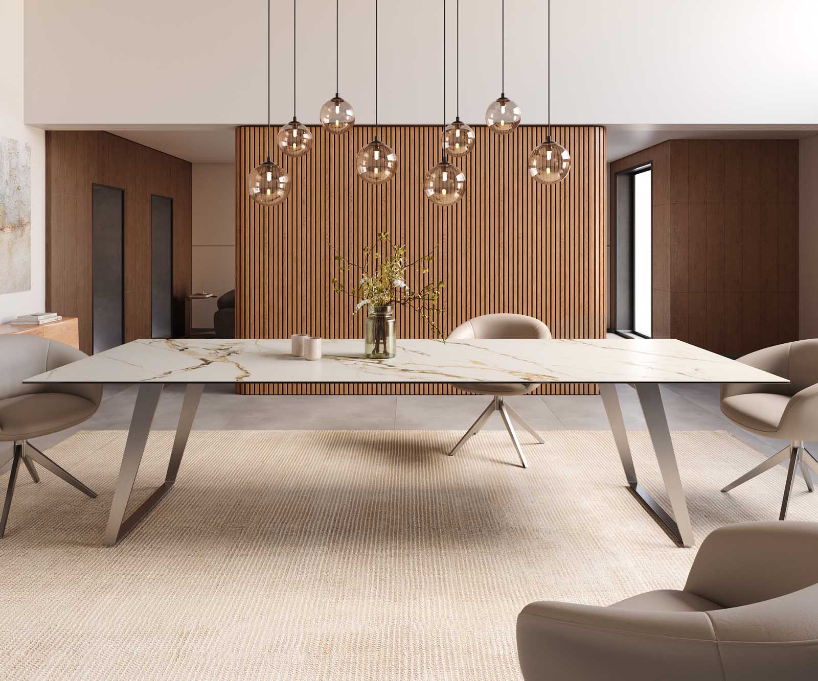 Stół do jadalni Edge 300x100cm ceramika Calacatta Luxe biało-złoto-szary stal nierdzewna pochylona rama 1