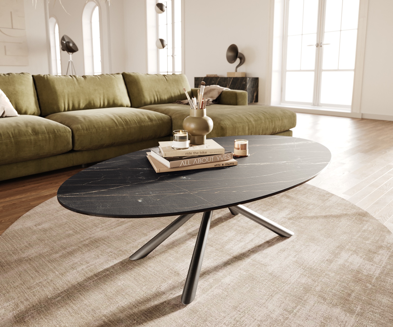 Stolik kawowy Edge owalny 140x80 cm ceramika Laminam® Noir Desir brązowa podstawa Sarity stal nierdzewna szczotkowana 1
