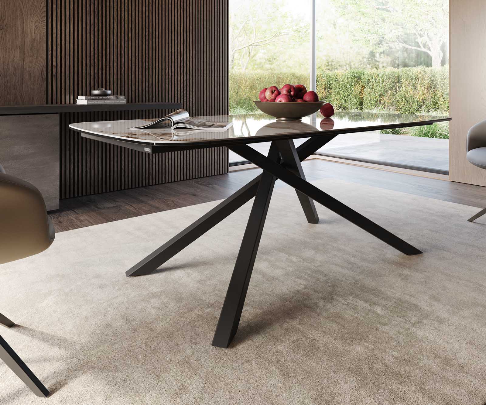 Stół do jadalni Edge kształt beczki 200x100cm ceramika Minas Melange biało-beżowy rama Cross czarna 5