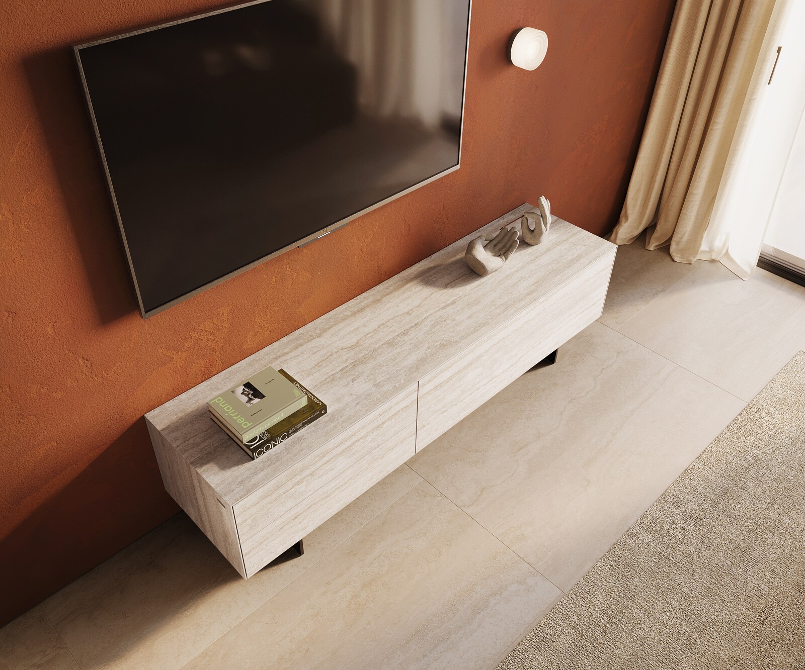 Szafka RTV Cuor 180 cm ceramika Laminam® Travertino Bianco kremowo-biała 1 klapa 2 szuflady nóżki wąskie czarny metal 4
