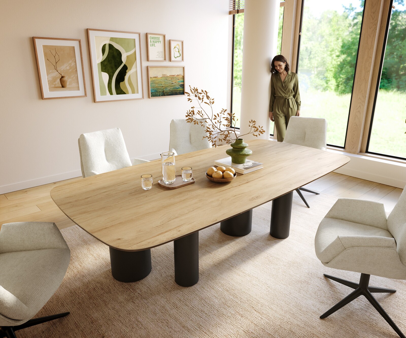 Stół do jadalni Edge w kształcie beczki 240x120cm ceramika Laminam® Sabbia kolor dębowy Pilier metal czarny 1